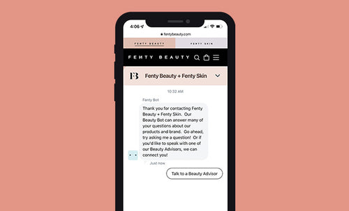 screenshot of iphone with a live chat with Fenty Beauty and Skin customer service