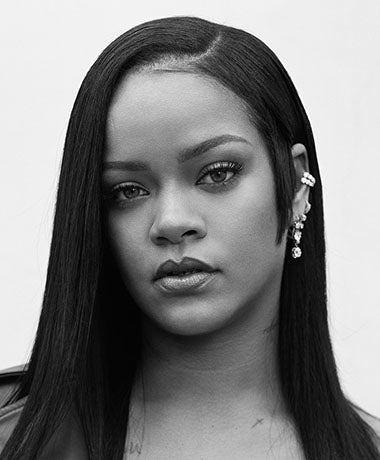 image of Rihanna in black and white with long straight dark hair