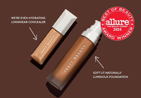 Product shots of We're Even Hydrating Longwear Concealer and Soft'lit Naturally Luminous Foundation with an 'Allure Best of Beauty Award Winner' badge on the top right.
