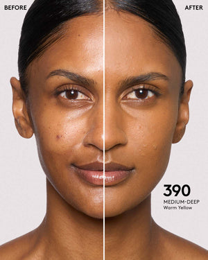 Before and After of a model in medium deep shade #390 with wearing Pro Filt'r Soft Matte Longwear Foundation.