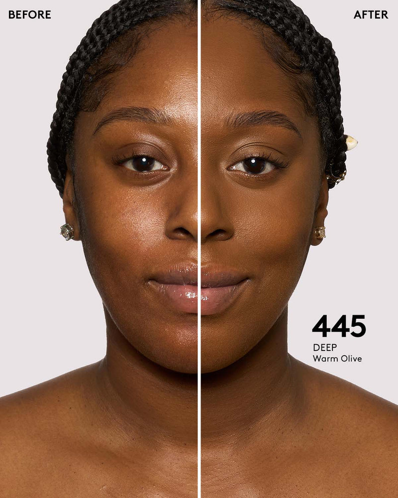 before and after photos of model wearing Fenty Beauty Pro Filt'r Instant Retouch Concealer in deep shade