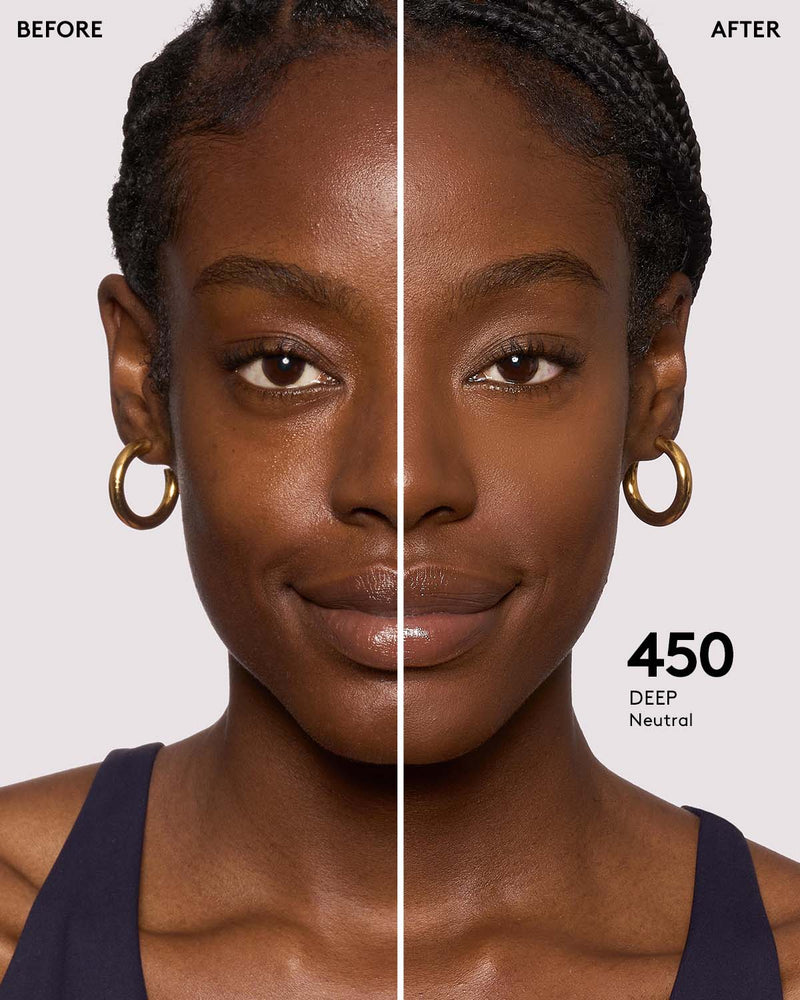 before and after photos of model wearing Fenty Beauty Pro Filt'r Instant Retouch Concealer in deep shade