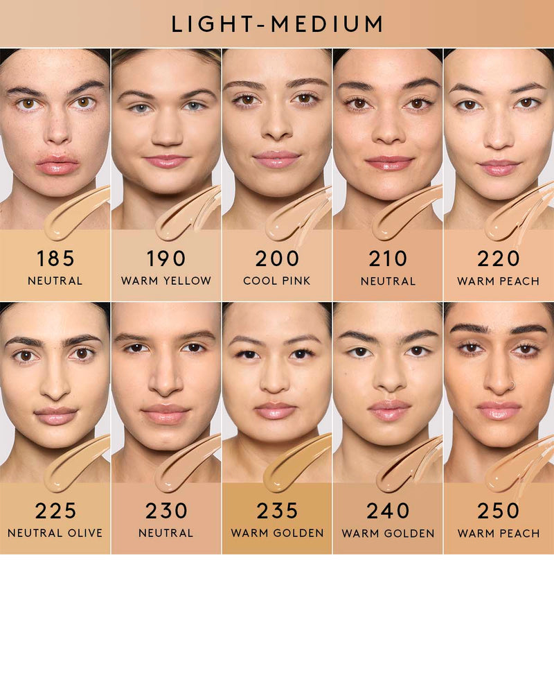 light-medium shade infographic showing 8 different shades of foundation on light-medium skin tones