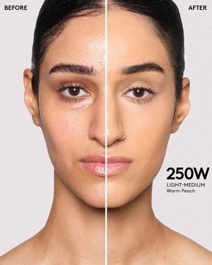 before and after of light skin toned model in we're even concealer