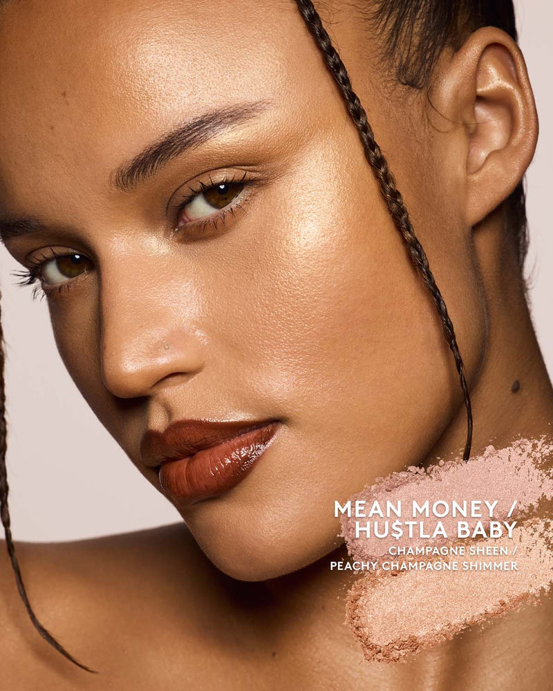 medium skin toned model wearing killawatt freestyle highlighter in shade mean money/hu$tla baby
