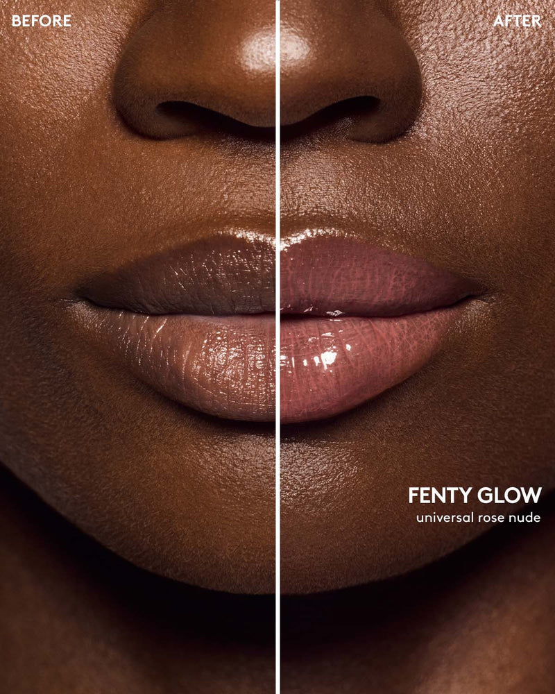 before and after of deep skin toned model wearing gloss bomb color drip lip cream in shade fenty glow