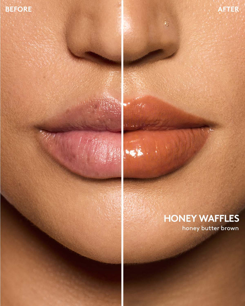 before and after of medium skin toned model wearing gloss bomb color drip lip cream in shade honey waffles