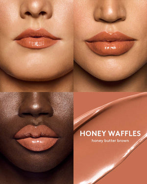 three different skin toned models wearing gloss bomb color drip lip cream in shade honey waffles