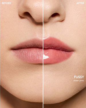before and after of gloss bomb heat lip plumper in fu$$y heat on light skin toned model
