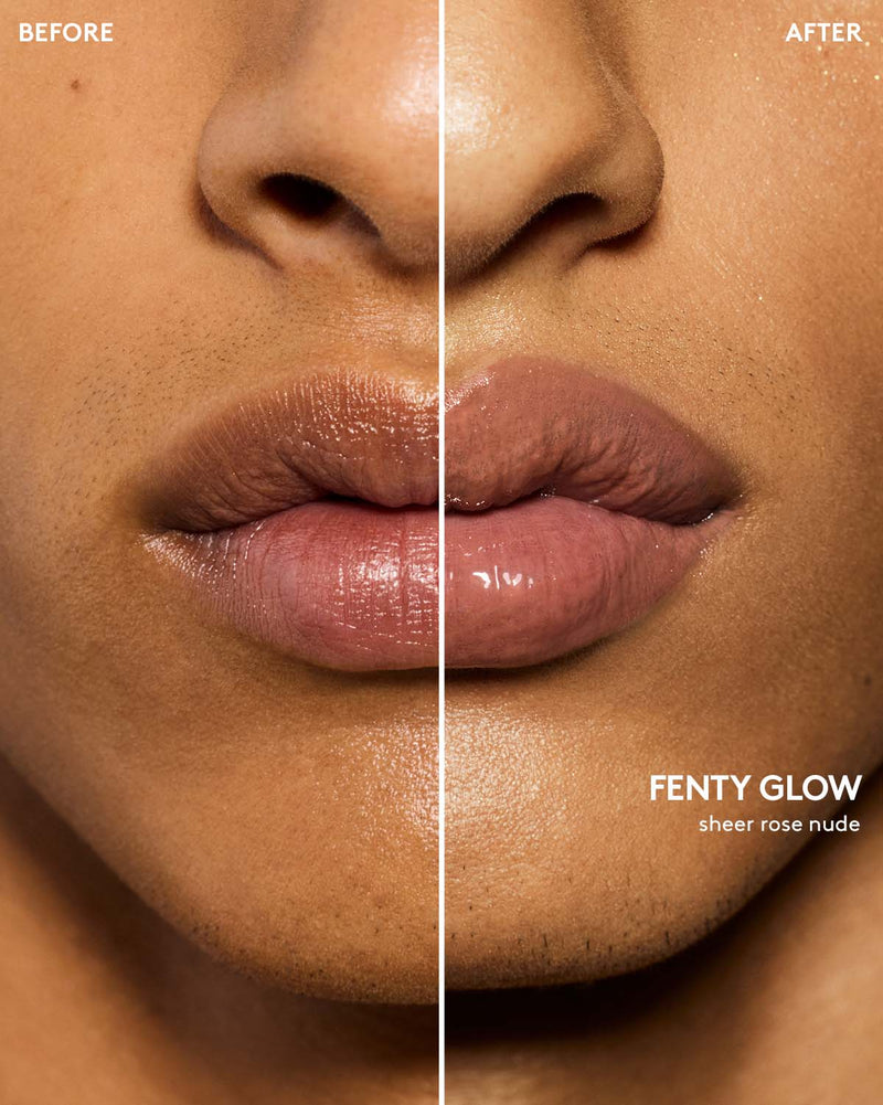 before and after of gloss bomb heat lip plumper in fenty glow heat on medium skin toned model
