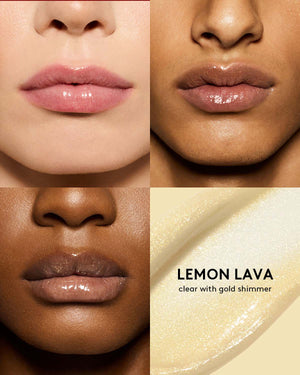 beauty shot of gloss bomb heat lip plumper in lemon lava on three different skin toned models