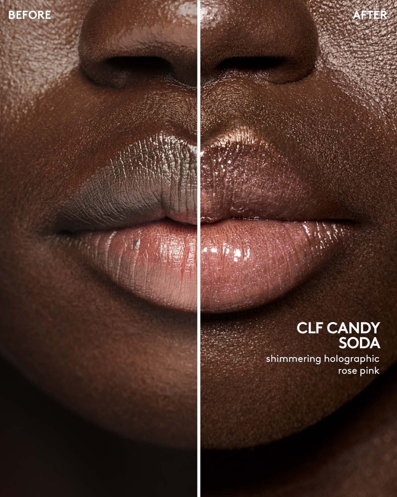 before and after of deep skin toned model wearing gloss bomb universal lip luminizer in shade candy soda