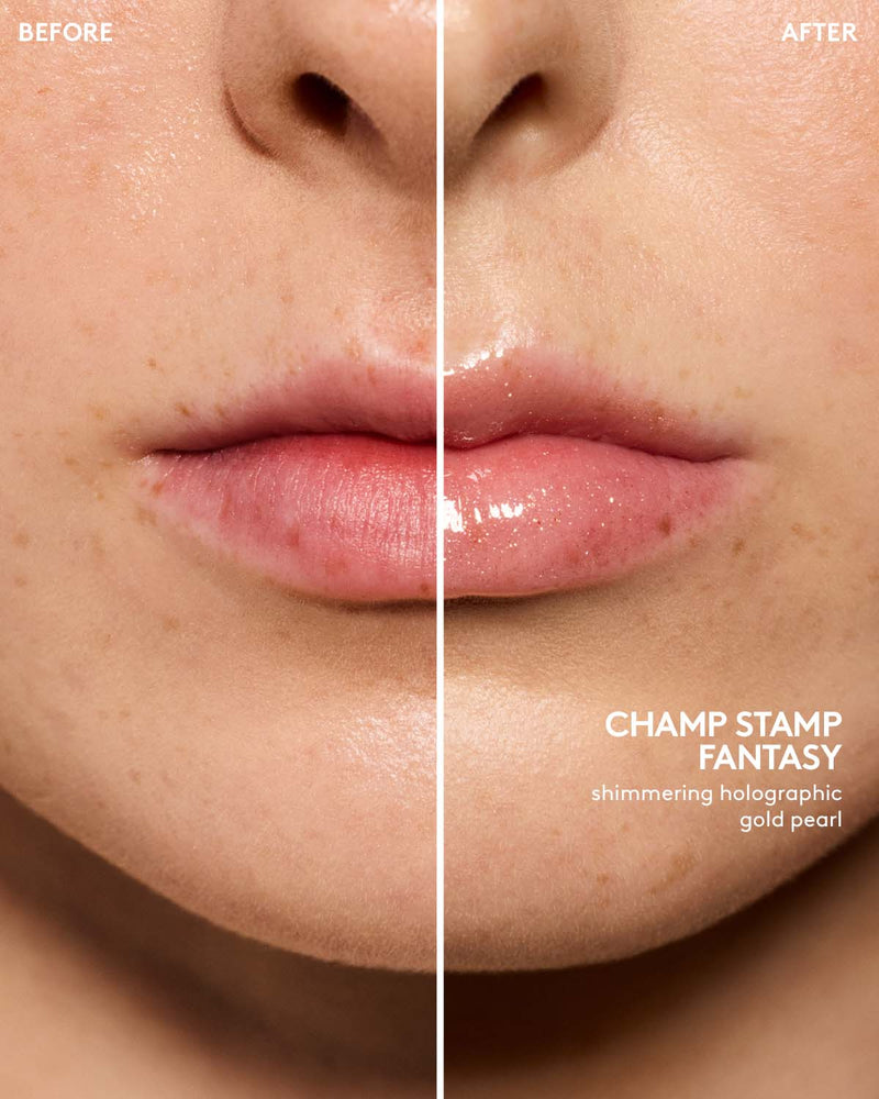 before and after of light skin toned model wearing gloss bomb universal lip luminizer in shade champ stamp fantasy