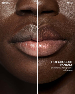 before and after of deep skin toned model wearing gloss bomb universal lip luminizer in shade hot chocolit fantasy