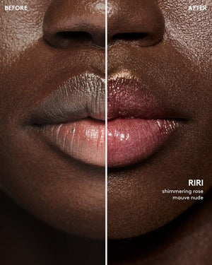 before and after of deep skin toned model wearing gloss bomb universal lip luminizer in shade riri