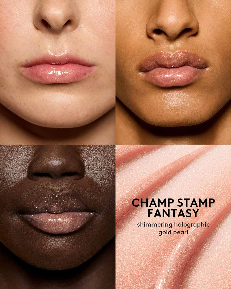 shade grid of three different skin toned models wearing gloss bomb universal lip luminizer in shade champ stamp fantasy