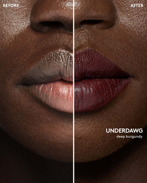 before and after of deep skin toned model wearing stunna lip paint in shade underdwag