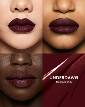 three different skin toned models wearing stunna lip paint in shade underdawg