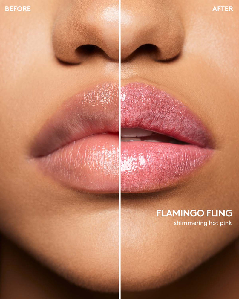 Before and after macro shot of medium model wearing Gloss Bomb Stix High-Shimmer Gloss Stick in Flamingo Fling.