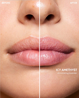 Before and after macro shot of light model wearing Gloss Bomb Stix High-Shimmer Gloss Stick in Hot Chocolit.