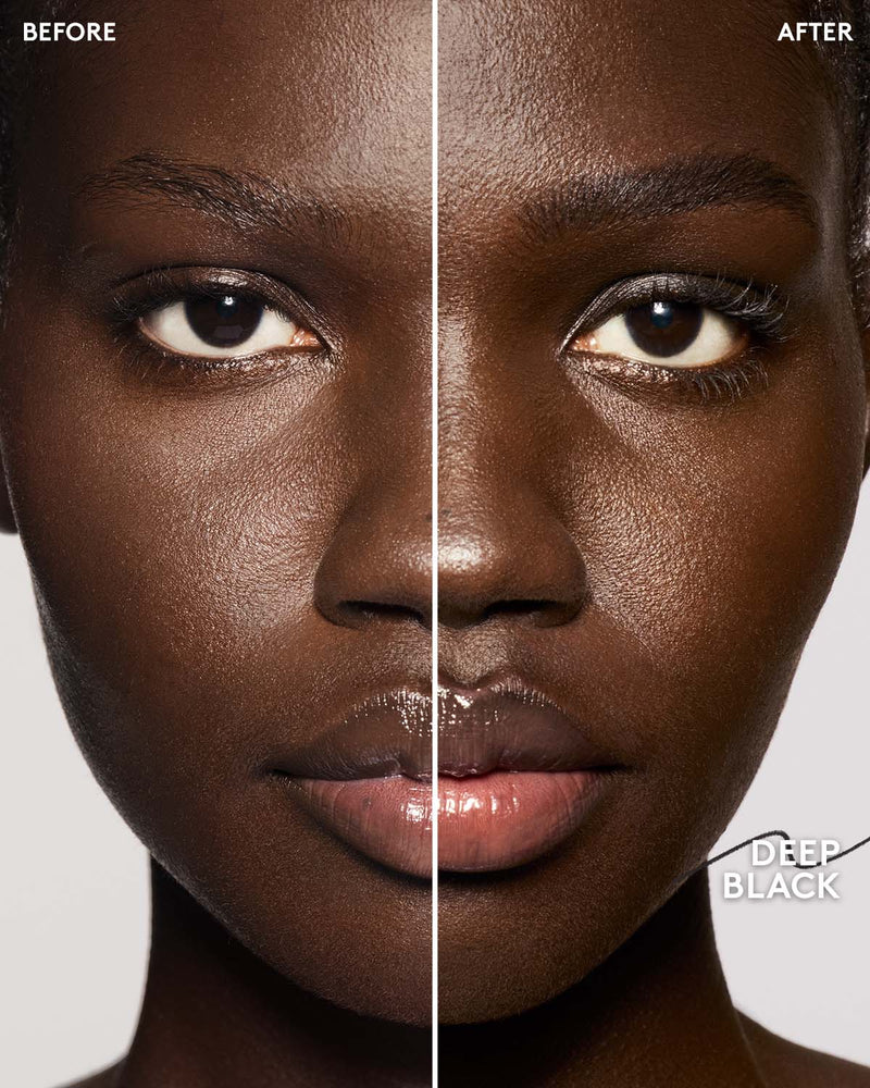 before and after of deep skin toned model wearing brow MVP in deep black