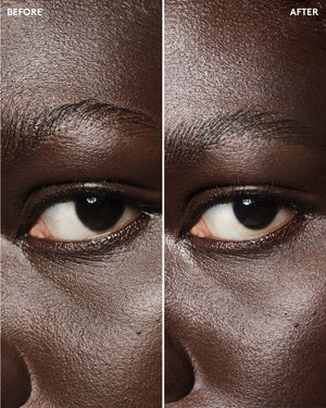 before and after of deep skin toned model wearing brow wax