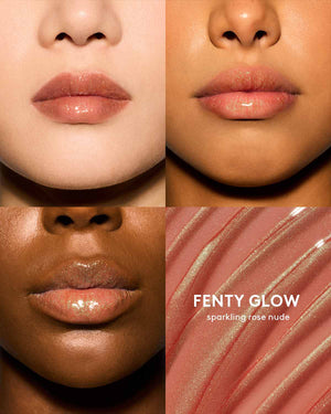 Gloss Bomb Oil Luminizing Oil and  Gloss in shade Fenty Glow on light, medium, and deep skin tones. Fenty Glow is a sparkling rose nude.