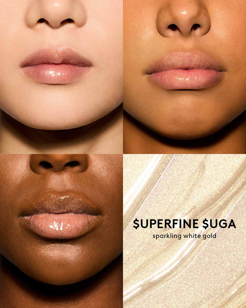 Gloss Bomb Oil Luminizing Oil and  Gloss in shade Supafine Suga on light, medium, and deep skin tones. Supafine Suga is a sparkling white gold.