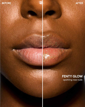 Deep skin tone model before and after using Gloss Bomb Oil Luminizing Oil and  Gloss in shade Fenty Glow.
