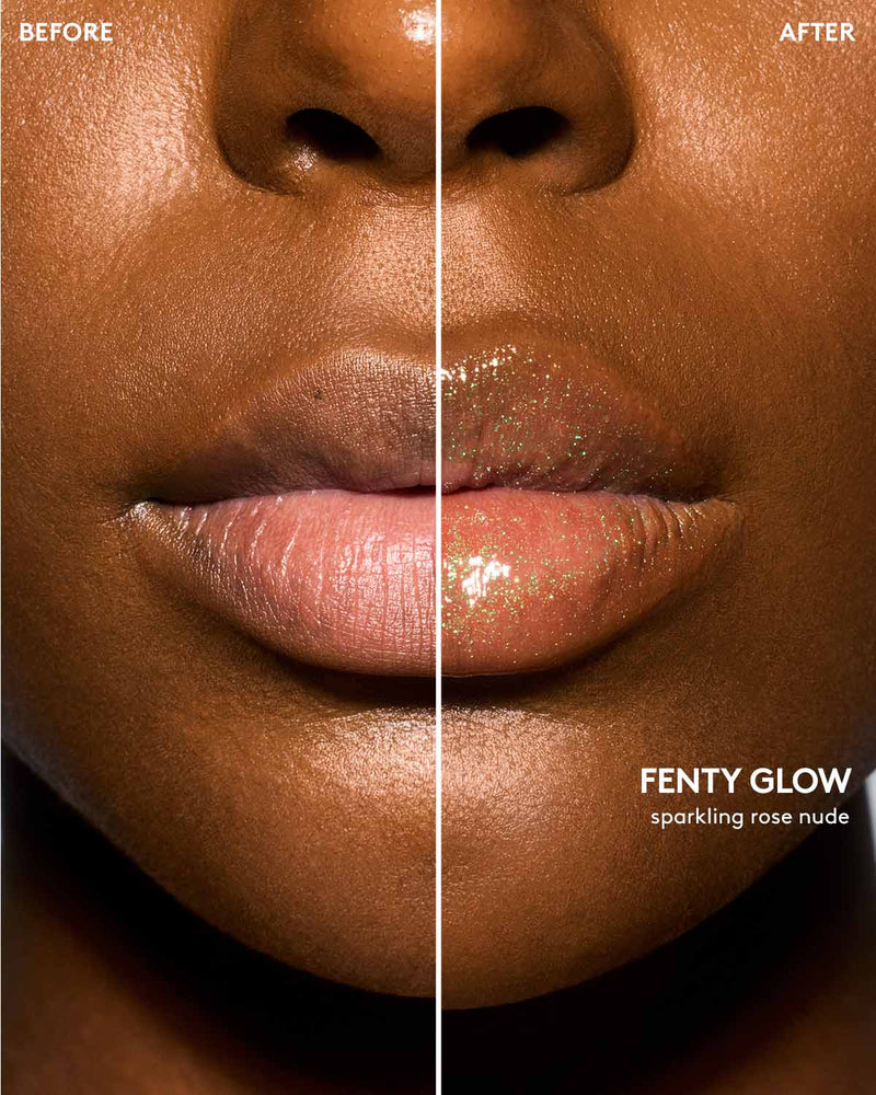 Deep skin tone model before and after using Gloss Bomb Oil Luminizing Oil and  Gloss in shade Fenty Glow.