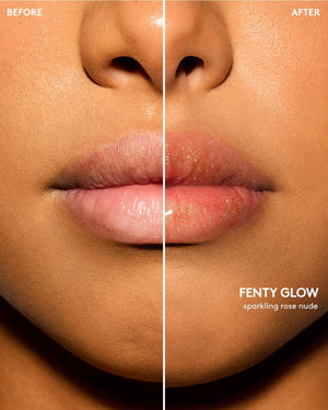 Medium skin tone model before and after using Gloss Bomb Oil Luminizing Oil and  Gloss in shade Fenty Glow.