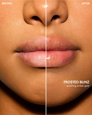 Medium skin tone model before and after using Gloss Bomb Oil Luminizing Oil and  Gloss in shade Frosted Buns.