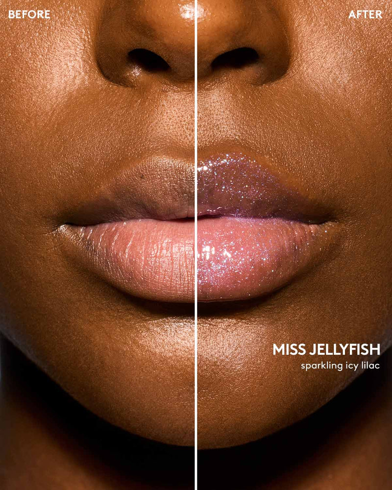 Deep skin tone model before and after using Gloss Bomb Oil Luminizing Oil and  Gloss in shade Miss Jellyfish.