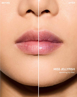 Light skin tone model before and after using Gloss Bomb Oil Luminizing Oil and  Gloss in shade Miss Jellyfish.
