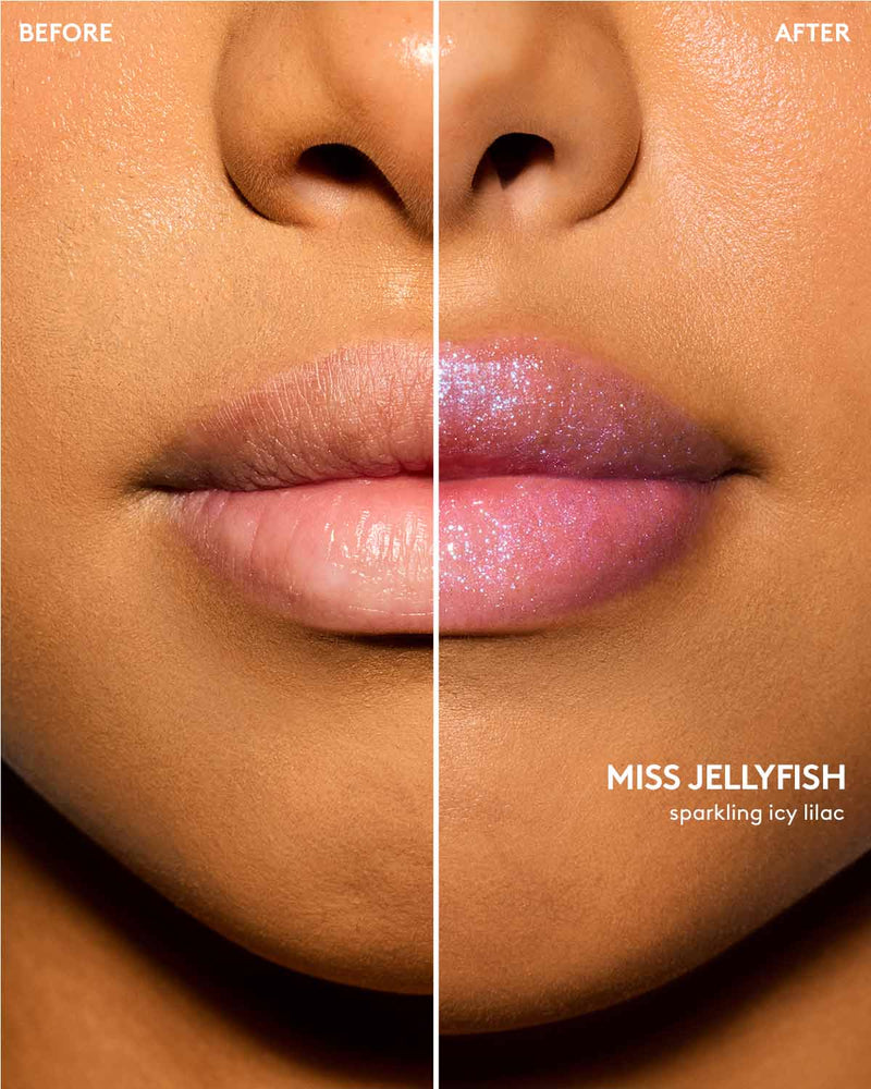 Medium skin tone model before and after using Gloss Bomb Oil Luminizing Oil and  Gloss in shade Miss Jellyfish.