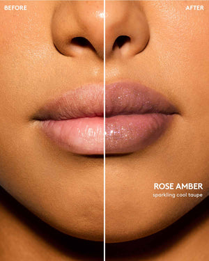 Medium skin tone model before and after using Gloss Bomb Oil Luminizing Oil and  Gloss in shade Rose Amber.