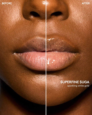 Deep skin tone model before and after using Gloss Bomb Oil Luminizing Oil and  Gloss in shade Superfine Suga.
