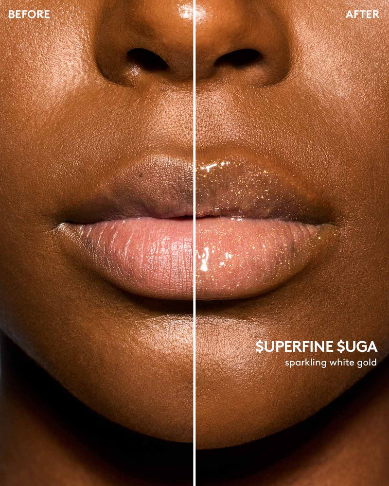 Deep skin tone model before and after using Gloss Bomb Oil Luminizing Oil and  Gloss in shade Superfine Suga.