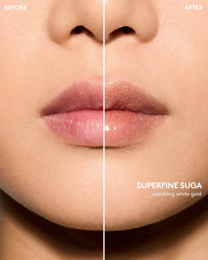Light skin tone model before and after using Gloss Bomb Oil Luminizing Oil and  Gloss in shade Superfine Suga.