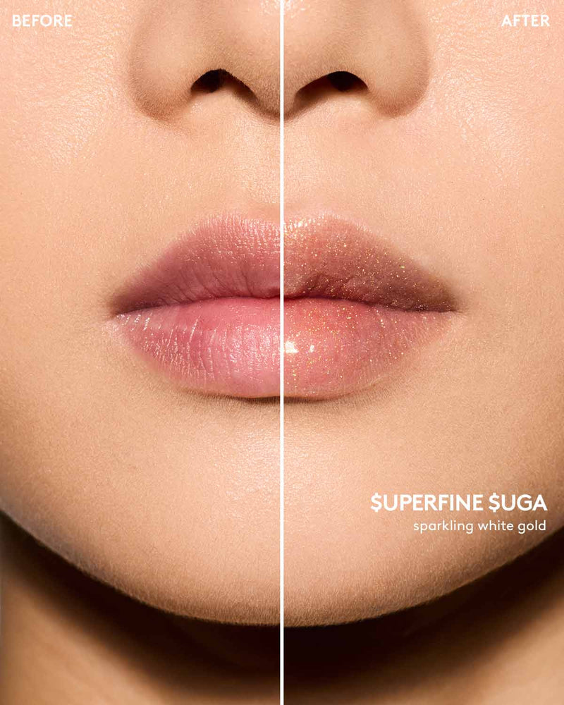 Light skin tone model before and after using Gloss Bomb Oil Luminizing Oil and  Gloss in shade Superfine Suga.