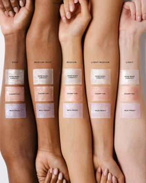 Arm swatches Shadowstix Diamonds Diamond Veil Eyeshadow Stick on light, light medium, medium, medium-deep, and deep skin tones.