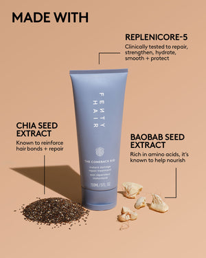 Fenty Hair Comeback Kid hair treatment is made with Chia Seed Extract, known to reinforce hair bonds + repair; Baobab Seed Extract, rich in amino acids, it's known to help nourish; and Replenicore-5, clinically tested to repair, strengthen, hydrate, smooth + protect.