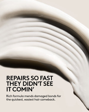 Smear of Fenty Hair Comeback Kid hair treatment with text, "Repairs so fast they didn't see it comin'. Rich formula mends damaged bonds for the quickest, easiest hair comeback."