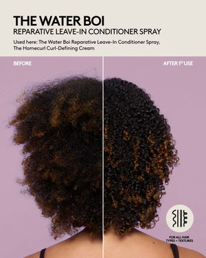 The Water Boi Reparative Leave-In Conditioner Spray before and after on colored coily hair.