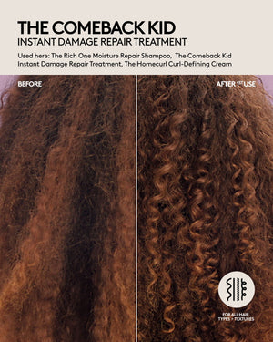 Close up of curly hair before and after one use of Fenty Hair shampoo, damage repair hair treatment, and curly hair styler curl-defining cream. Curls are defined, bouncy, and hair is shinier, appears healthier and hydrated. Fenty Hair is for all hair types + textures.