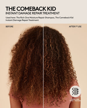 Curly long hair before and after one use of Fenty Hair shampoo and damage repair hair treatment. Curls are defined, bouncy, and hair is shinier, appears healthier and hydrated. Fenty Hair is for all hair types + textures.