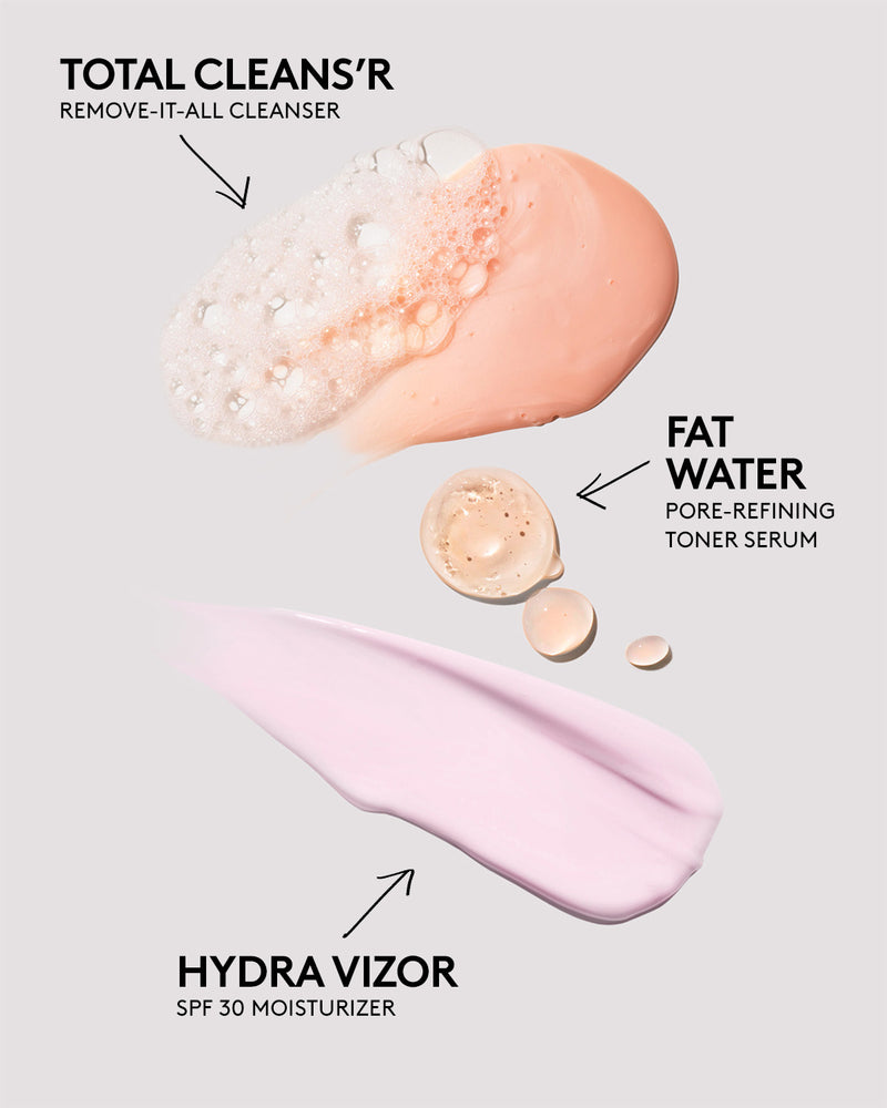 A smear of each product in the Fenty Skin Start'r Set full-size bundle on a grey-lilac background.