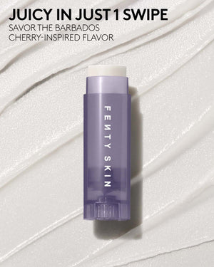 lux balm lip balm on a full product textured background. Text reads Juicy in just 1 swipe, savor the barbados cherry-inspired flavor.