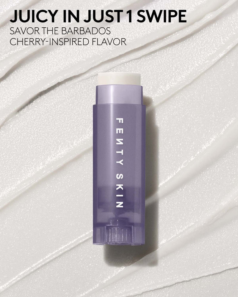 lux balm lip balm on a full product textured background. Text reads Juicy in just 1 swipe, savor the barbados cherry-inspired flavor.