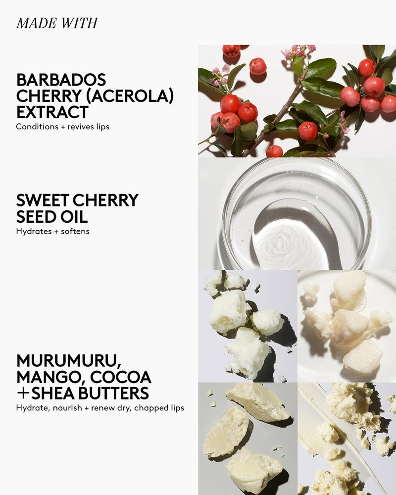 Infographic of ingredients that lux balm lip balm is made with: barbados cherry extract, sweet cherry seed oil, murumuru, mango, cocoa and shea butters.